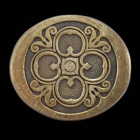 Vintage Solid Brass Belt Buckle 1978 Ornate Scrollwork Clover Design Made in USA - Picture 2 of 9